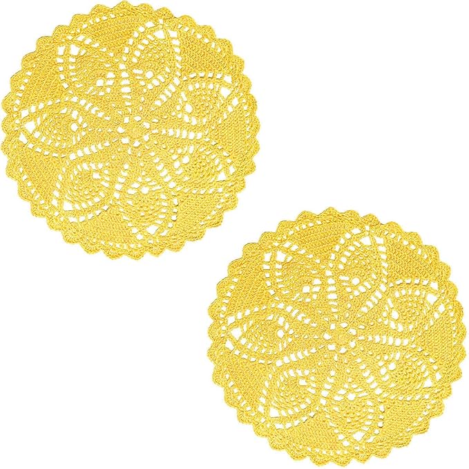BIBITIME Lace Placemats 11.5 inches to 13 inches Table Doilies Round Handmade Crochet Doily Kitchen Cup Mug Mats,Yellow,Pack of 2 PCS