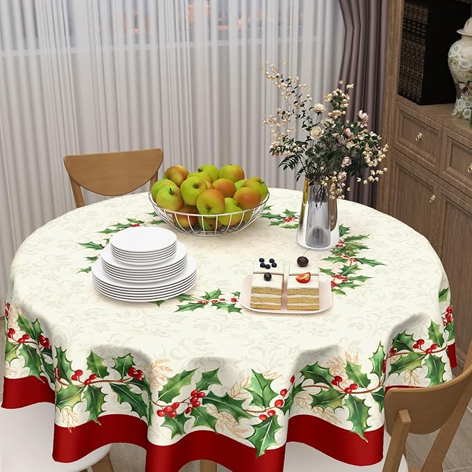 Christmas Round Tablecloth 70 Inch Red Xmas Holly Leaves Berries Pattern Circle Table Cloth Winter Holiday Decorative Table Cover for Kitchen Dinner Home Decor