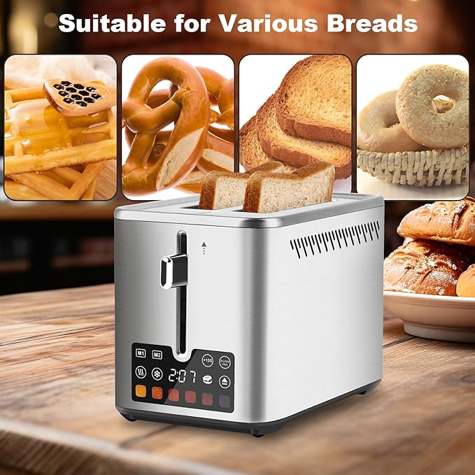 Touch Screen Toaster 2 Slice, Bagel Toaster with LCD Display, Stainless Steel Smart Digital Toasters with +15s Boost,Dual Memory Functions,Toasters with 6 Shade Settings & Extra-Wide Slots,900W