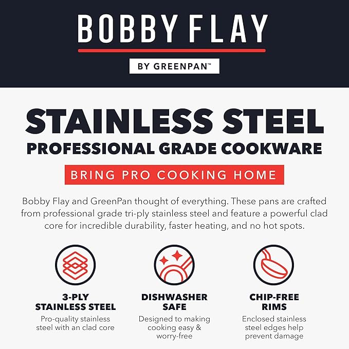 GreenPan x Bobby Flay Stainless Steel 10” & 12” Frying Pan Skillet Set, Induction Compatible, Durable, Dishwasher Safe, Oven & Broiler Safe 400°F, Tri Ply Clad Pans, Heat Responsive Core, 2-Piece Set