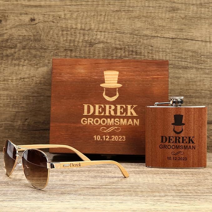 Personalized Flask Set, Mens Gifts, Engraved Flask & Wooden Sunglasses Gift Set, Groomsmen Gifts