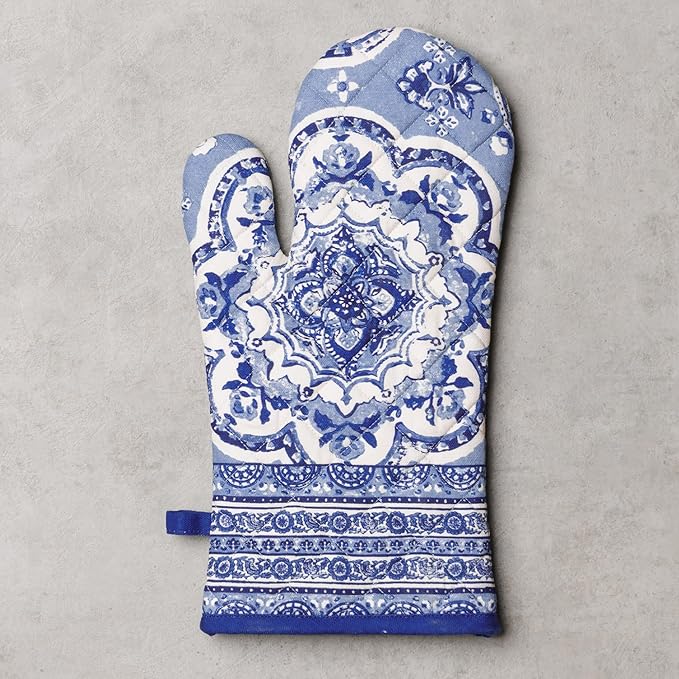Maison d' Hermine Oven Gloves 100% Cotton Oven Mitt 7" x 13" with Loop Heat Resistant, BBQ, Cooking Gloves, Baking, Grilling, Kitchen, Handling Hot Pans Spring/Summer (Pack of 1, Melodie Bleue)