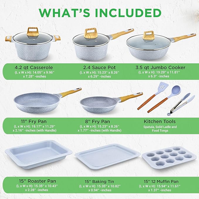 NutriChef 22‑Piece Non‑Stick Ceramic Pots and Pans Set – For All Cooktops Including Induction – PTFE & PFAS Free, Includes Bakeware & Utensils