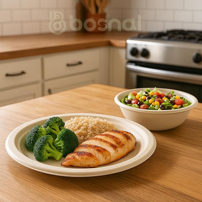 BOSNAL 10 Inch Round Plates with 32 oz Bowls – 25 Plates, 25 Bowls,100% Plant-Based Sugarcane Bagasse, Eco-Friendly Disposable Dinnerware for Hot & Cold Meals, Microwave Safe