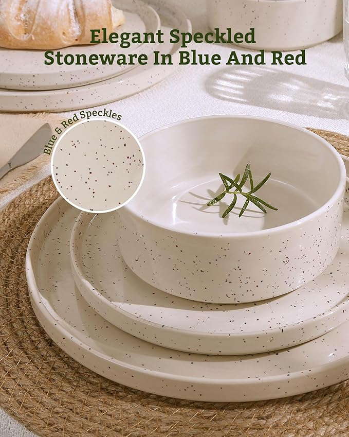 Famiware Nebula Plates and Bowls Sets, 18 Pieces Dinnerware Sets, Dishes Set for 6, Creamy White with Colorful Speckles