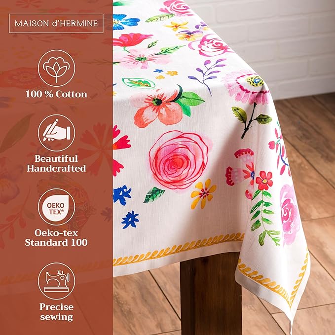 Maison d' Hermine Table Cloth Square Table 100% Cotton 54 x 54 Inches Tablecloth Reusable Decorative for Dining Room Farmhouse Home Valentines Day Decorations Spring Summer - Happy Florals - Sweety