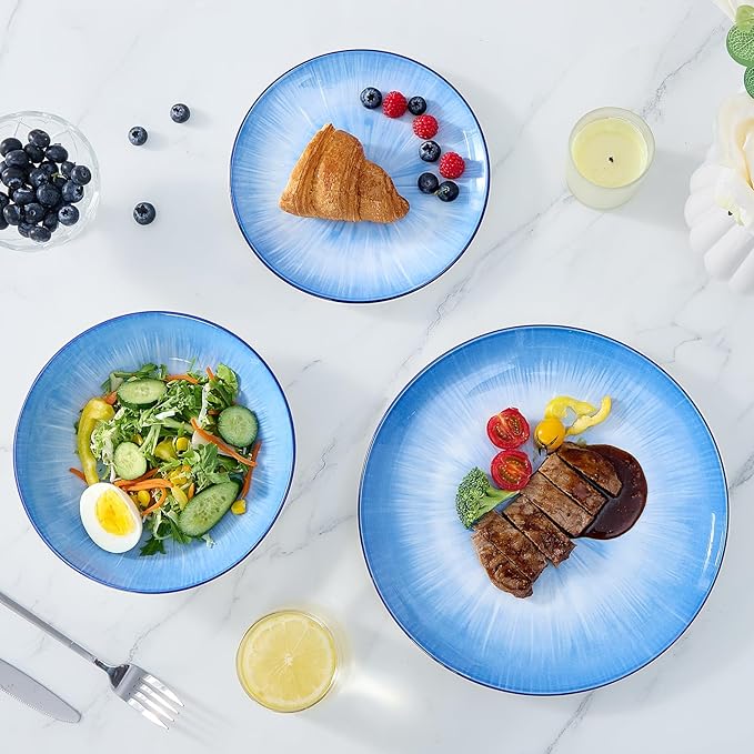Bestone Porcelain Dinnerware Sets Service for 4, 12 pcs Hand drawn Plates and Bowls Sets, Handmade Ceramic Dish Set, Chip Resistant Modern Plate Set, Dishwasher/Microwave Safe，Starburst blue