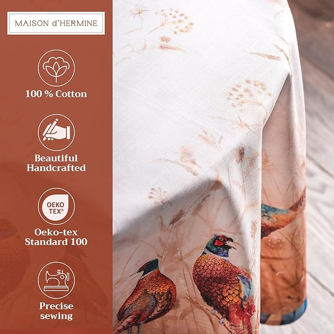 Maison d' Hermine Table Cloth Round Table 100% Cotton 63 Inches Fall Tablecloth Reusable Everyday Use for Thanksgiving Christmas Decorations Dining Farmhouse Party (Faisan D'Automne)