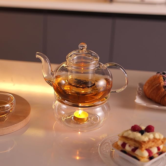 CnGlass 33.8oz Glass Teapot with Removable Infuser,Stovetop Safe Tea Kettle with Glass Tea Warmer 5.3 in/13.5cm Diameter