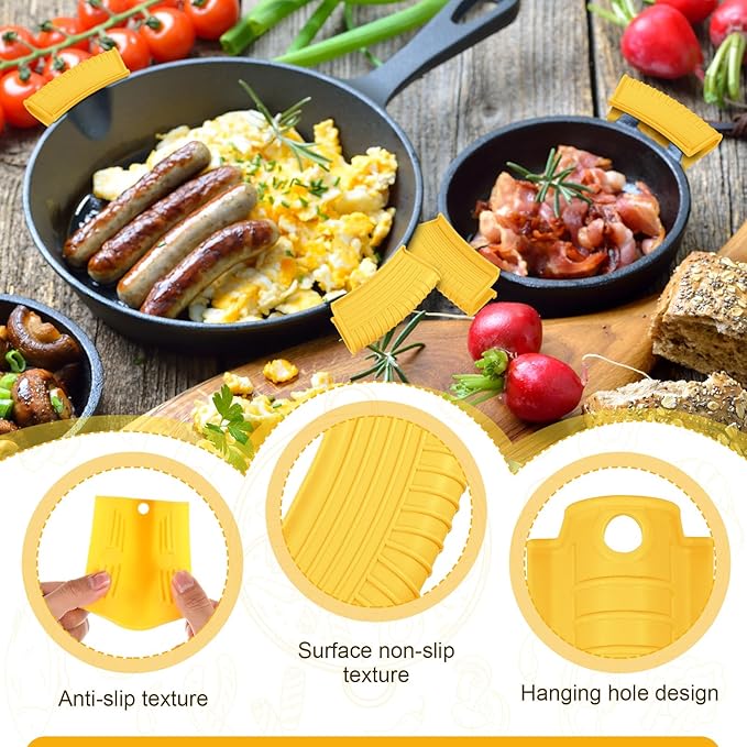 Patelai 4 Pcs Silicone Assist Hot Pan Handle Holder Pot Handle Covers for Cast Iron Skillets Holder Sleeve Nonslip Heat Resistant Pan Cover for Enameled Griddles Casserole Frying Cookware(Yellow)