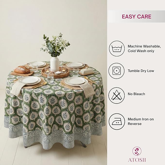 ATOSII Kari Green 100% Cotton Round Boho Spring Summer Tablecloth, Block Print Floral Table Cloth Linen for Dining, Parties, Weddings, OutdoorsI Home Table Decor 72" Inches Round