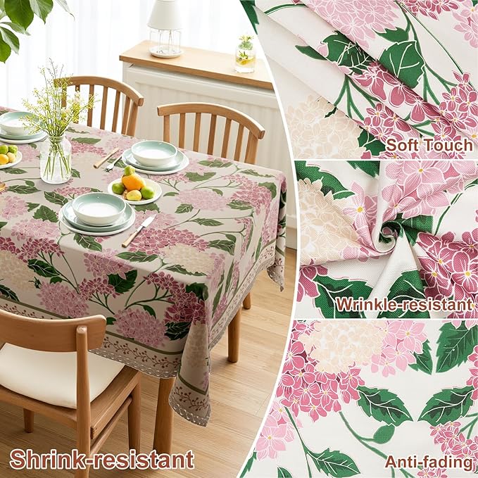 French Vintage Floral Tablecloth Rectangular, Linen Table Cloth with Flowers and Leaves Pattern, Waterproof Decor Table Cover with lace for Dining Kitchen Christmas Holiday, 55''x 70''