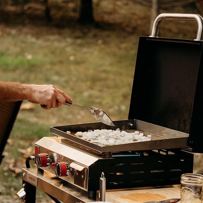 GasOne Flat Top Gas Grill with Lid – Auto Ignition Propane – Premium Stainless Steel Body Tabletop with Pre Season Griddle – Oil Drip Tray – for RV, Camping