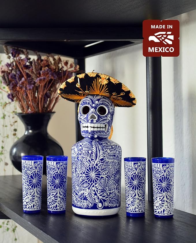 Tequila Decanter Set, Liquor Decanter with Shot Glasses and Mexican Sombrero, Hand-painted Decanter, Skull Decanter, Bar Decoration, Unique Tequila Gift, Gift For Dad (Blue Decanter Set)