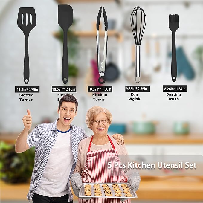 Silicone Kitchen Cooking Utensils Set Kitchen Spatula Set with Holder,5 pcs Heat Resistant Silicone Kitchen Utensils Gadgets Tools Set for Nonstick Cookware,Dishwasher Safe (Black)