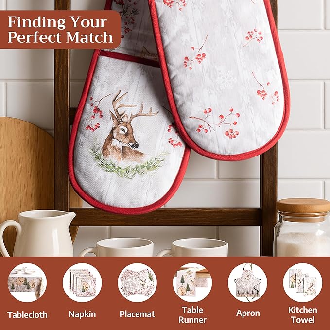 Maison d' Hermine Double Oven Mitt (7" x 35") 100% Cotton Heat Resistant BBQ Cooking Gloves with Loop for Thanksgiving Christmas Decorations Baking Cooking Barbeque Handling Hot Pan (Mountain Life)