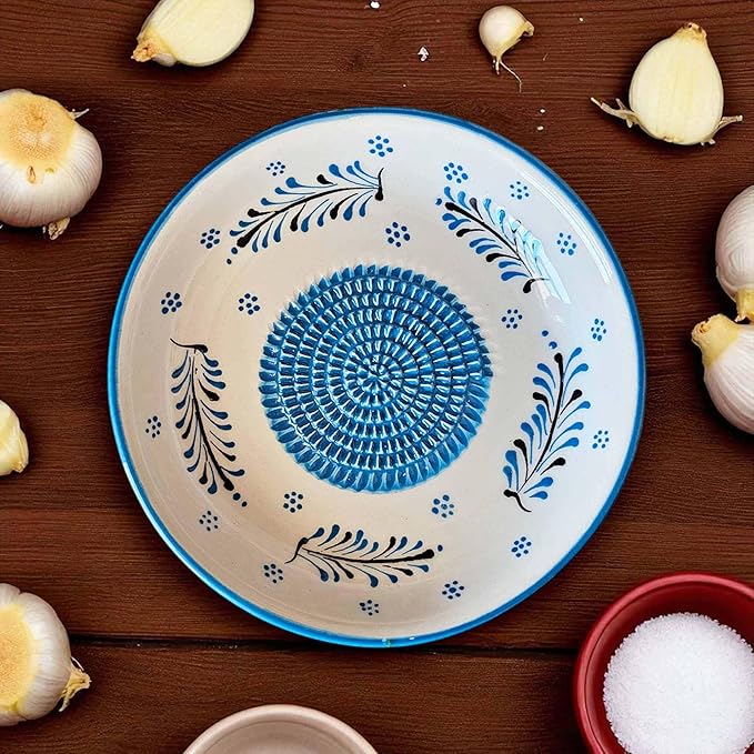 Ceramic Grater Bowl, Garlice Grater Plate, Handmade Ginger Grater, Mincer Bowl for Cheese &Vegetables, Ceramic Decorative Mincer, Hand Dish for Garlic (Blue Florals)