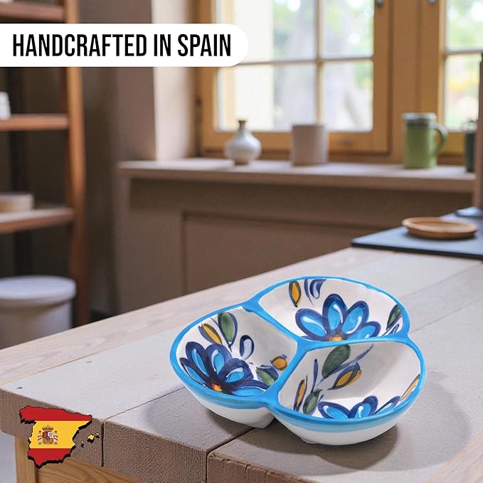 Ceramic Chip & Dip Bowl 7.5”, 3-Compartment Divided Serving Dish & Condiment Tray for Appetizers – Handmade in Spain, Lead-Free Glaze, Microwave, Oven & Dishwasher Safe