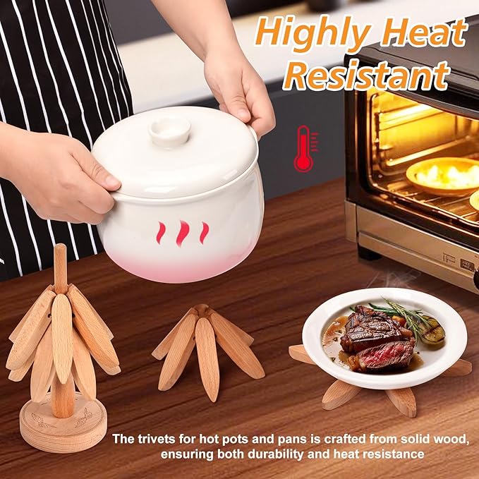 Wooden Trivets for Hot Dishes，Trivets for Hot Pots and Pans，Hot Pads for Table，Tree Coasters Set of 4(4 Trivits+1 Stand)