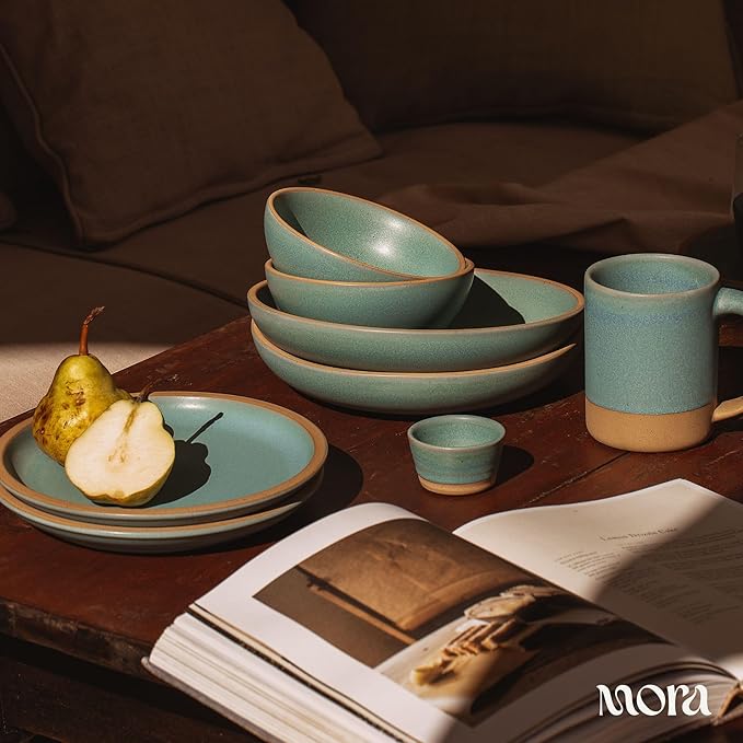 MORA Medium Plates Set of 4, 8.5 inch Ceramic Pottery Salad Plates - Microwave, Oven and Dishwasher Safe - Iris