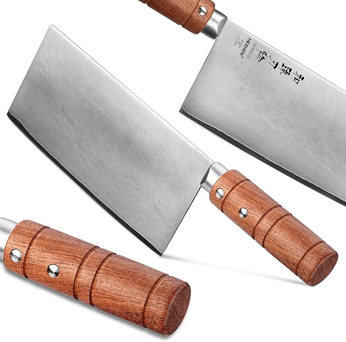 HEZHEN 7" Cleaver Knife, Composite Steel Chinese Kitchen Chef Knife, Clad Steel Butcher Knife, Padauk Wood Handle