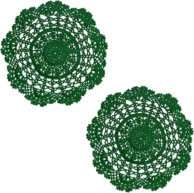 BIBITIME 2PCS Lace Table Doilies Kitchen Placemats Round Handmade Crochet Flower Cup Mug Mat Doily (13 inches to 14 inches,2PCS, 18#Green)