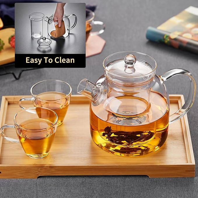 Glass Teapot,1000ml/34oz Borosilicate Glass Teapot with Removable Infuser, Stovetop Safe Tea Kettle,Blooming and Loose Leaf Tea Maker