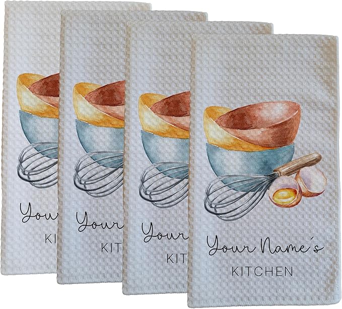 Personalized Kitchen Towel | Custom Tea Towel | Watercolor Utensil Dish Towel | Kitchen Decor | Hand Towel Gift Set | Waffle Weave Dishcloth (Pack of 4 Towels, Design 1)