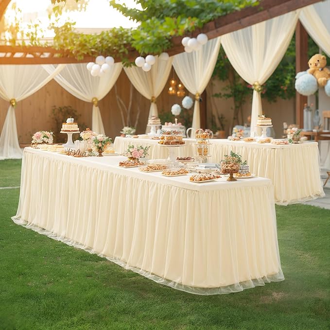 4 Pack 6ft Champagne Tulle Tablecloths for Rectangle Tables, 72 x 30 Inch Rectangular Table Cloth, Wrinkle Free Table Cover with Tutu Skirt for Wedding Birthday Party Banquet Buffet Decorations