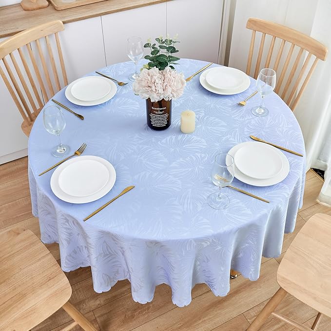 Round Tablecloth 80 Inch Fabric Table cloth Leaves Pattern Scalloped Edge Silky Soft Tablecloth Waterproof Wrinkle Resistant Washable Table Cover Dinning Party Banquet Decoration (Purple)