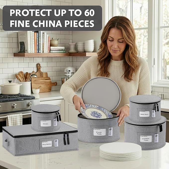 China Storage Hard Shell Containers 5-Piece Set Moving Boxes for Dinnerware, Glasses, Plates, Mugs and Saucers Sturdy Dish Organizer with Dividers for Seasonal Storage - Service for 12 - Gray