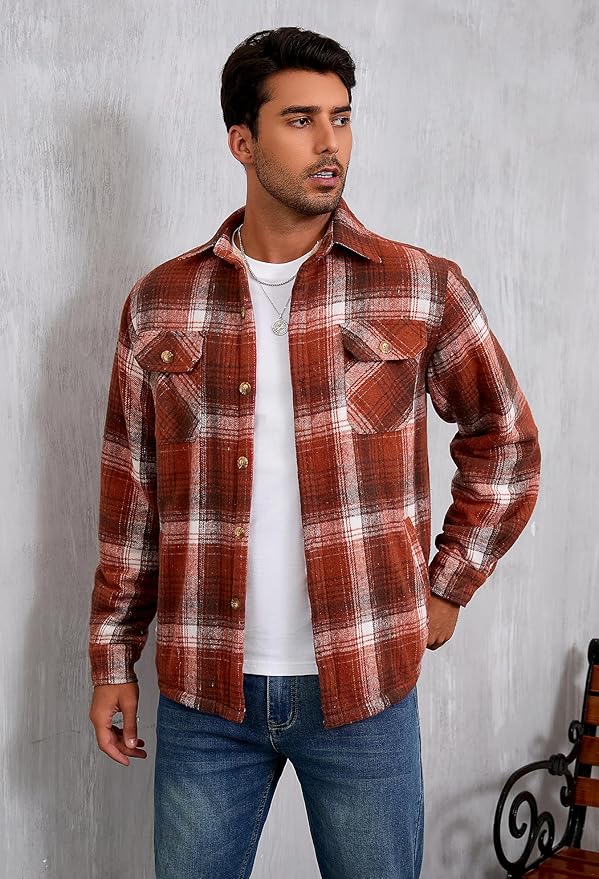 Men's Cotton Sherpa Lined Button Down Flannel Shirt Jacket Plaid Soft Outdoor Flannel Jacket Shirt