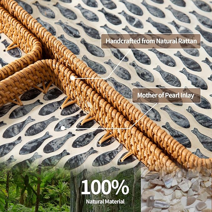 Set of 3 Rectangle Rattan Trays for Decor, Wicker Serving Tray Boho, Hand-Woven from Natural Rattan with Mother of Pearl Inlay, Vintage Woven Decorative Table Trays for Kitchen Counter, Dining Table