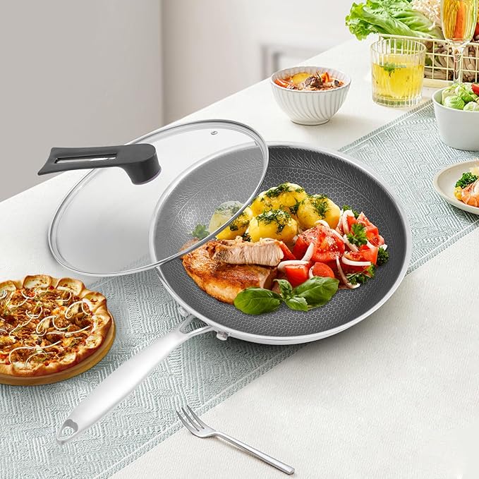 12.6 inch Stainless Steel Stir-fry Wok, Cooking Frying Pan, Non Stick Honeycomb Skillet with Stay Cool Handle, Class LId, Suitable for Induction, Ceramic, Electric, and Gas Cooktops