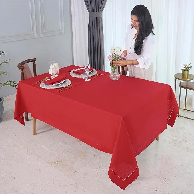 D'Moksha Homes Bright Red Linen Tablecloth for Rectangle Tables 60 x 132 Inch - 100% Pure Linen Red Table Cloth - Classic Hemstitch, Machine Washable Dining Tablecloth for Valentines, Spring, Easter