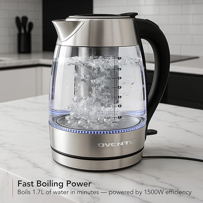 OVENTE Electric Tea Kettle with Temperature Control, Removable Tea Infuser, Easy to Fill Lid, Keep Warm Function, Auto Shut-Off, 1.7L Double Wall Borosilicate Glass, Stainless Steel Base, Silver KD68S