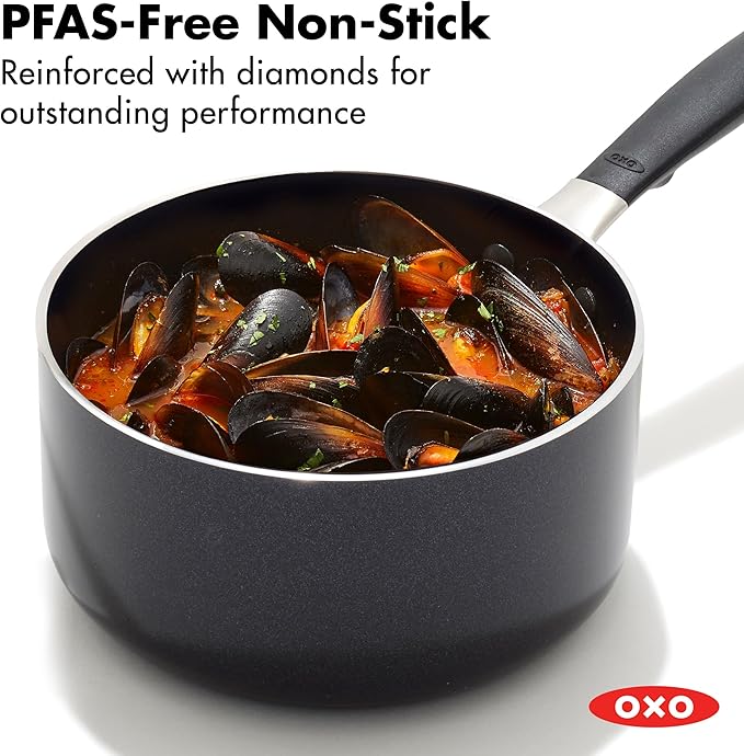 OXO 1.6QT Non-Stick Every Day Sauce Pan with Glass Lid, BPA-Free Comfort Grip Silicone Handle, Dishwasher & Oven Safe, PFAS-Free Ceramic Skillets, Sauce & Soup Chef Pot, Drip-Free, Black