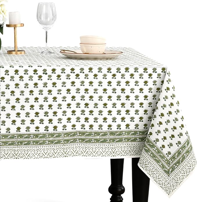 CPC Lotus Meadow Tablecloth 100% Cotton 60x90 Inch Indian Block Print Rectangle Table Cover, Table Cloth for Gifting in Weddings, Halloween, Fall, Christmas, Thanksgiving