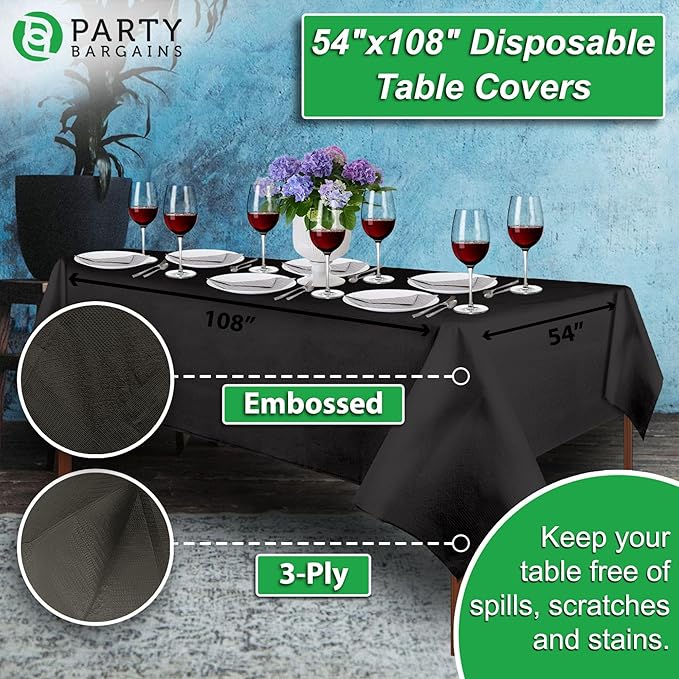 PARTY BARGAINS Disposable Table Covers, 54 x 108 Inch, Black, 3-Ply Paper & Plastic Spill-Resistant Party Tablecloths, 10 Pack