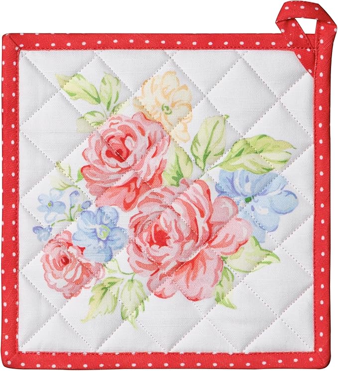 Maison d' Hermine Pot Holders 100% Cotton Heat Resistant Potholders 8" x 8" Hot Pads with Loop BBQ, Cooking, Baking, Grilling, Kitchen, Handling Hot Pans Spring/Summer (Pack of 1,Vintage Floral)
