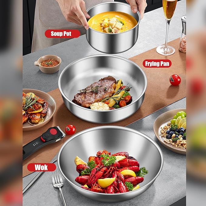 Stainless Steel Cookware Set, 6pcs Wok Pots and Pans Set Non Stick with Detachable Handle, Induction Cookware Set Kitchen Cooking Sets, RV/Camping Cookware, Dishwasher & Oven Safe,6pcs