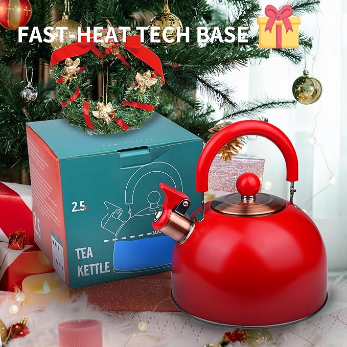 2.6 Quart Red Whistling Tea Kettle, Stainless Steel, Cool-Touch Handle, Loud Whistle, 7.48-inch Base, Induction Compatible