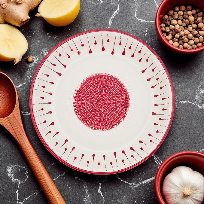Ceramic Grater Bowl, Garlice Grater Plate, Handmade Ginger Grater, Mincer Bowl for Cheese &Vegetables, Ceramic Decorative Mincer, Hand Dish for Garlic (Red Drops)