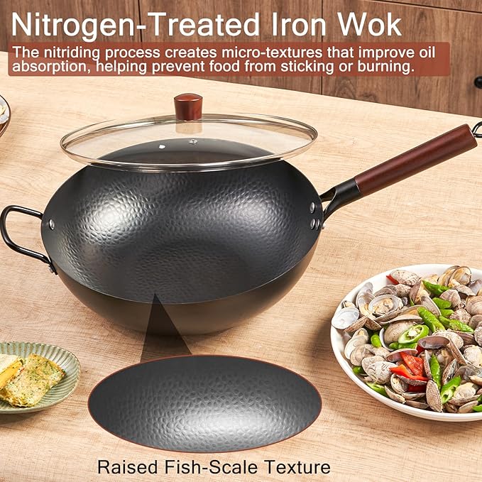 WANGYUANJI Carbon Steel Wok with Lid, 13.4" Hand Hammered Stir Fry Pan with Detachable Wooden Handle, Flat Bottom Wok Pan for Electric, Induction & Gas Stoves, No Coating (Black)