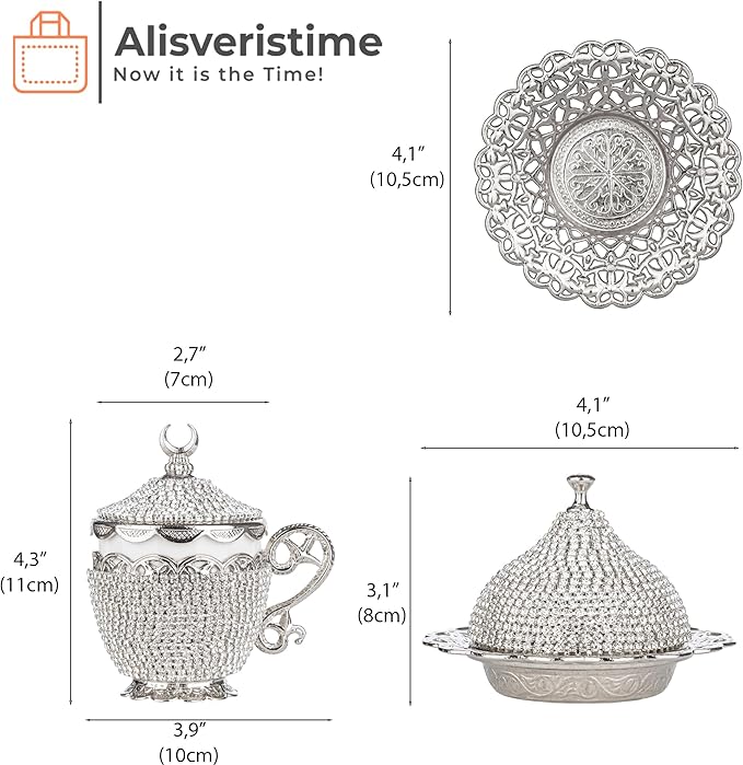 Alisveristime 27 Pc Ottoman Turkish Greek Arabic Coffee Espresso Serving Cup Saucer Crystal Set (Gelincik) - Handcrafted Traditional Set with Hilal Motifs (Silver)