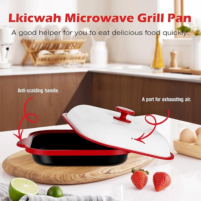 Microwave Grill Pan with Cover | Microwave Bacon Cooker | Griller & Crisper Pan for Grilling, Frying, Browning and Crisping | Microwave Cookware for Grill Meat | Dishwasher Safe for Dorms,Office,RV
