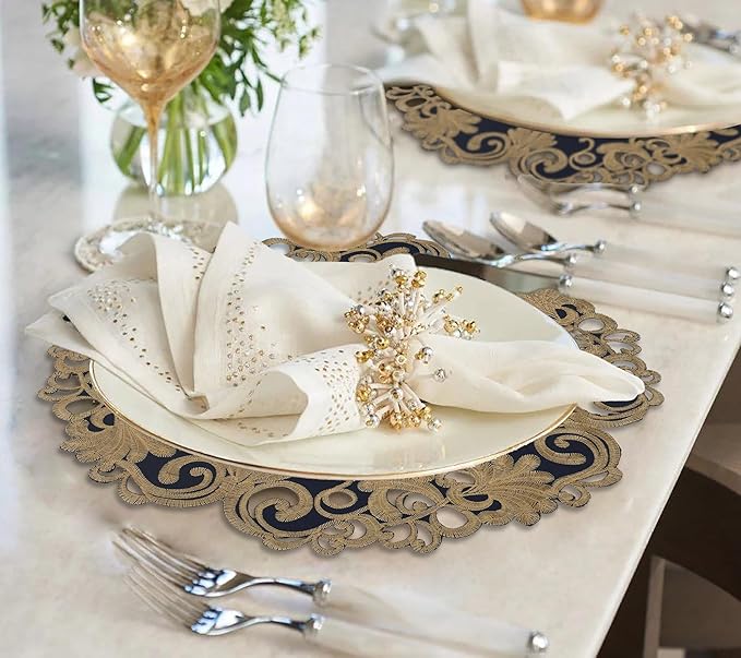 Decozen Set of 12 Doilies for Table, Lace Doilies - Rustic, Crochet, Farmhouse, Kitchen, Round Christmas Placemats - Dining Table Centerpiece Decor - 15 inch Gold Blue, The Vintage Opulence Collection