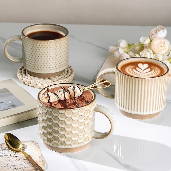 GBhome 12OZ Stackable Coffee Mugs Set of 6, Ceramic Coffee Mugs with Texture Patterns for Man,Woman,Dad,Mom, Modern Coffee Mugs Cups for Latte/Cappuccino/Cocoa. Dishwasher&Microwave Safe, Pale Khaki