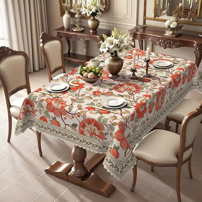 French Linen Rectangle Tablecloth 60''x 84'' - Vintage Floral Table Cloth, Waterproof Table Cover with Flowers and Leaves Pattern for Dining Kitchen Party Christmas