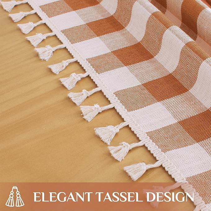 Softalker Fall Checkered Tablecloth Rectangle, Heavy Weight Linen Cotton Gingham Thanksgiving Orange Table Cloth with Tassel, Wrinkle Free Buffalo Plaid Table Cover for Dining Party- 55 x 102 Inch
